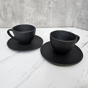 Lot of 2 Michael Aram Africana Black Matte Porcelain Tea Cup & Saucer‎ Set